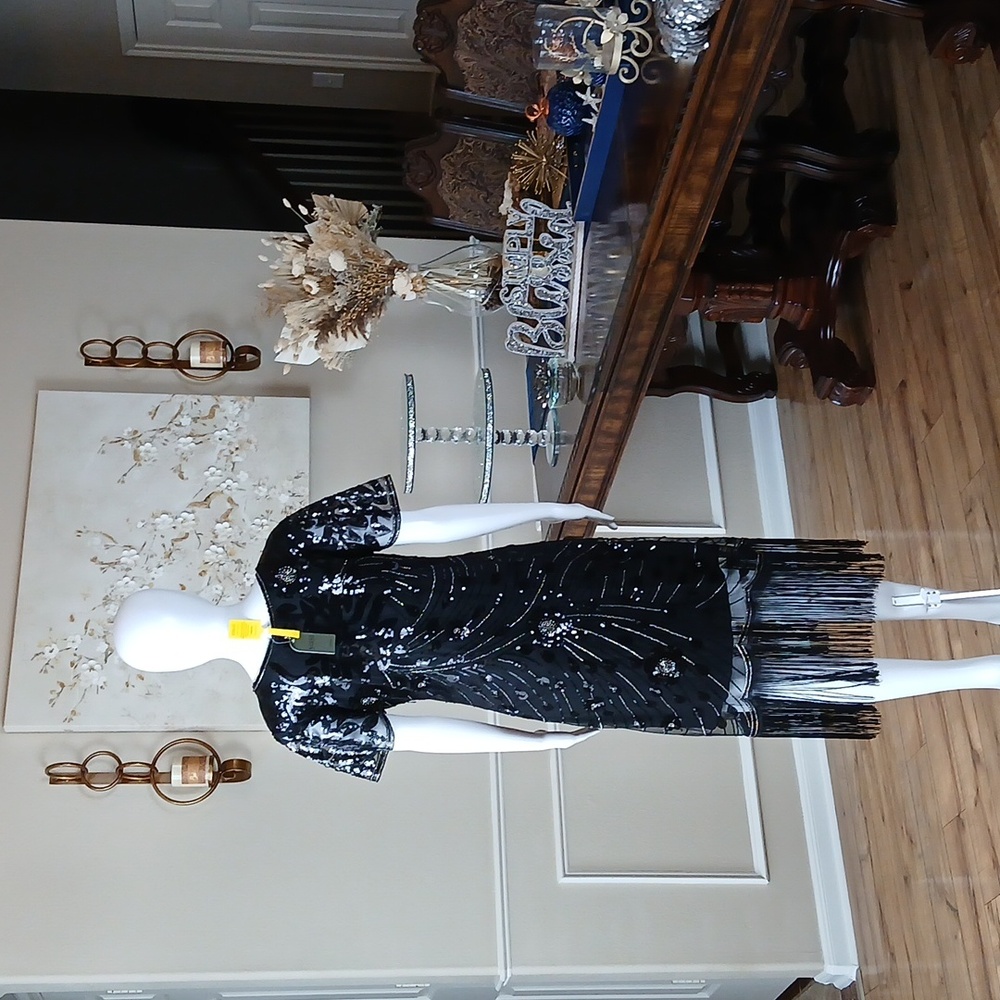 New Black Beaded Gatsby Flapper Cocktail V-neck Dress By Yessa. Size L - Picture 6 of 17